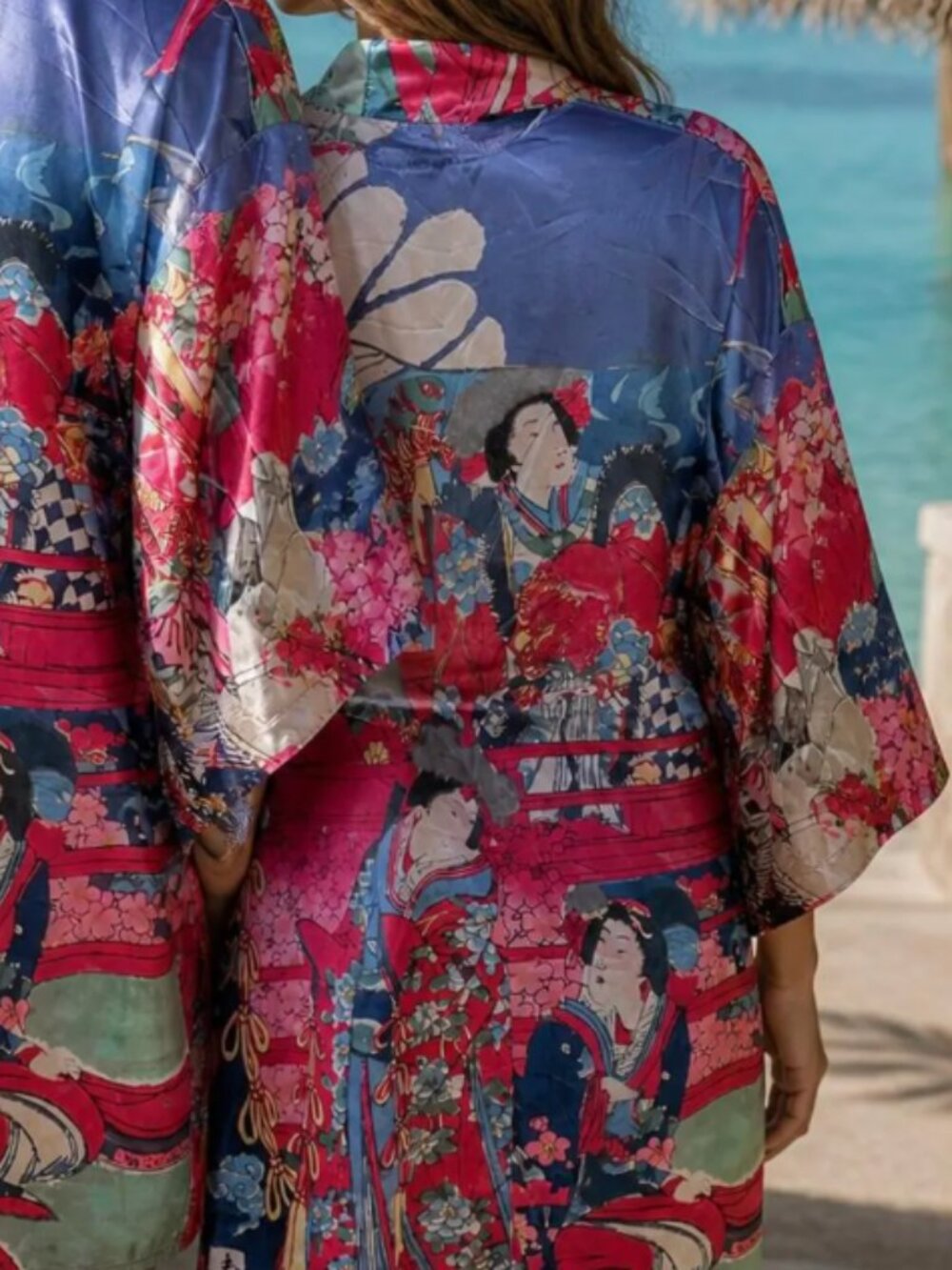 Toyohara Chikanobu Red Geisha Girls Glossy Short Sleeve Kimono Robe Size XL OS - Picture 2 of 9